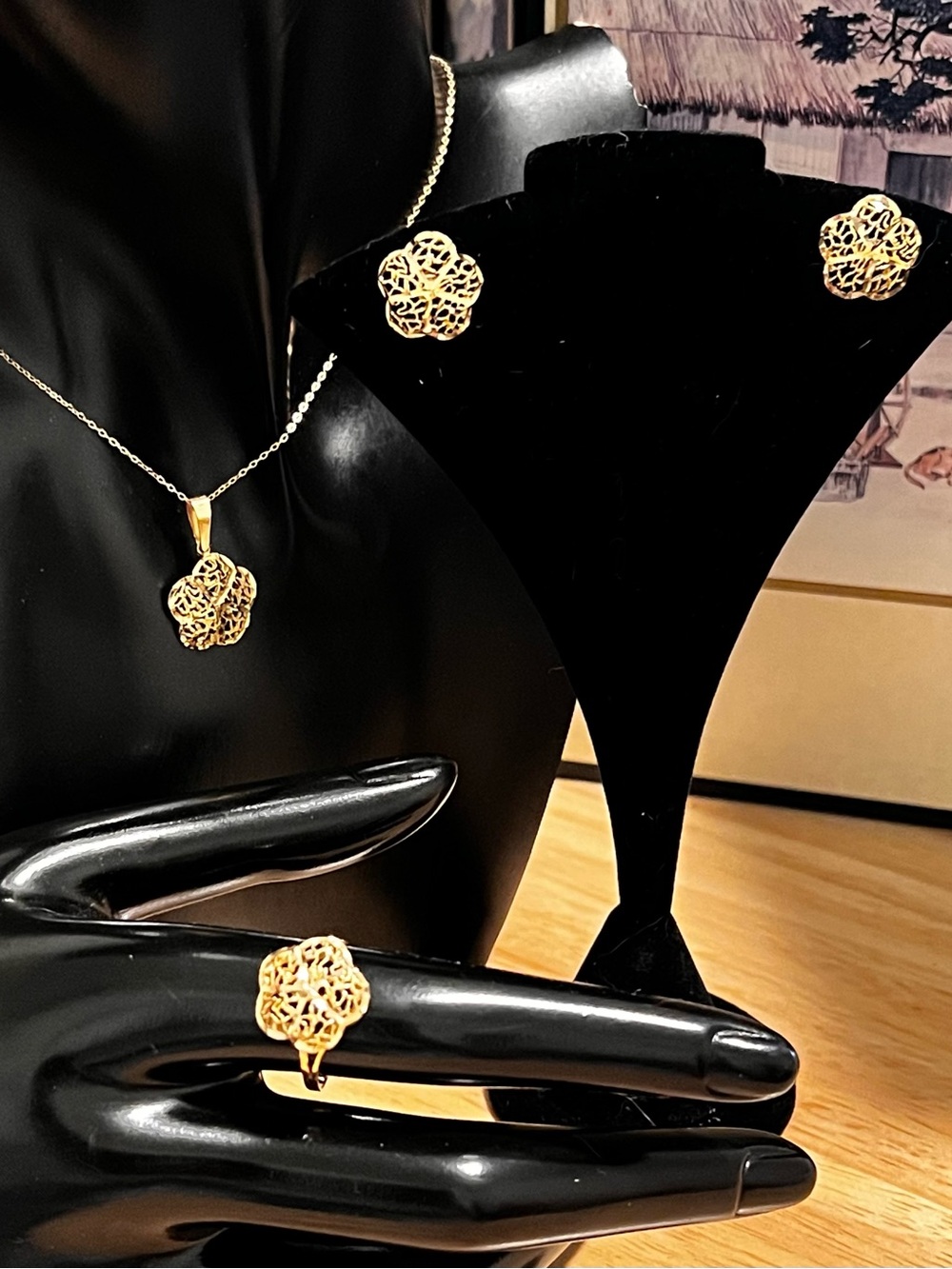 10K Gold Filigree Flower Jewelry Set